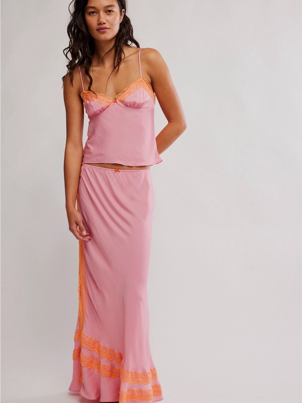 Free People Wish You Were Here Pink Camisole & Skirt Set with Orange Lace Trim